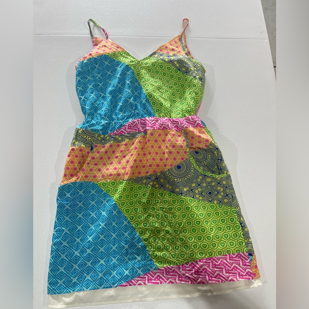 Amanda Uprichard Patchwork Boho Bright 100% Silk Mini Dress Bin 307